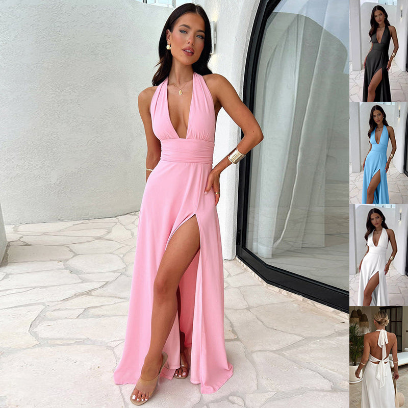 Halterneck V-Neck Slit Dress