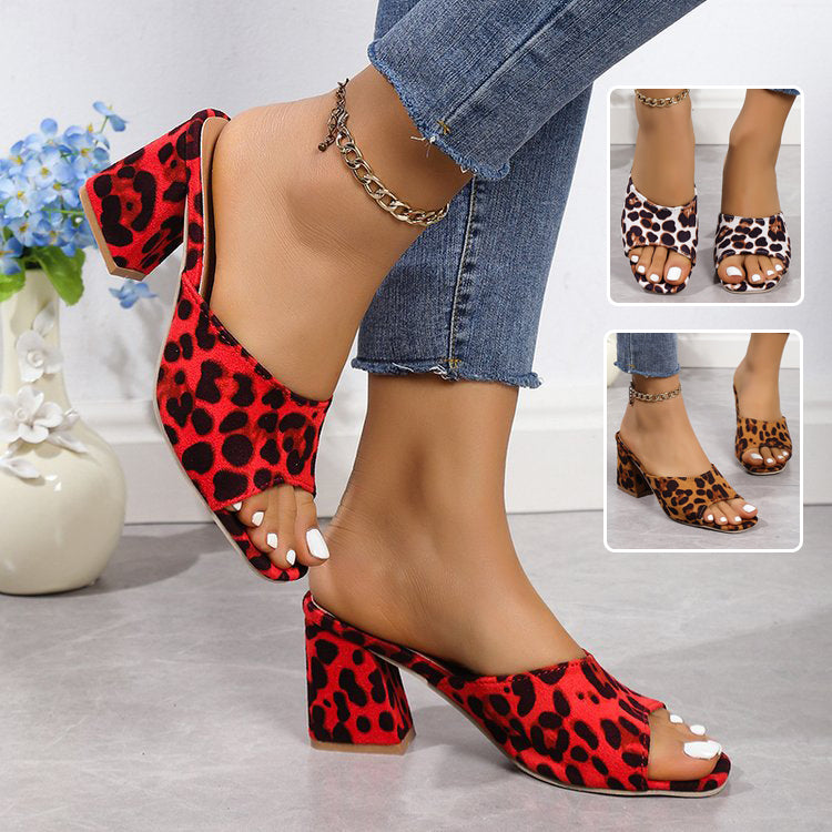 Leopard Print Square-Toe Heeled Sandals